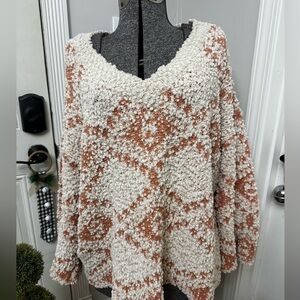 Women’s Rust and White Popcorn Aztec V-neck Sweater size S/M NWT